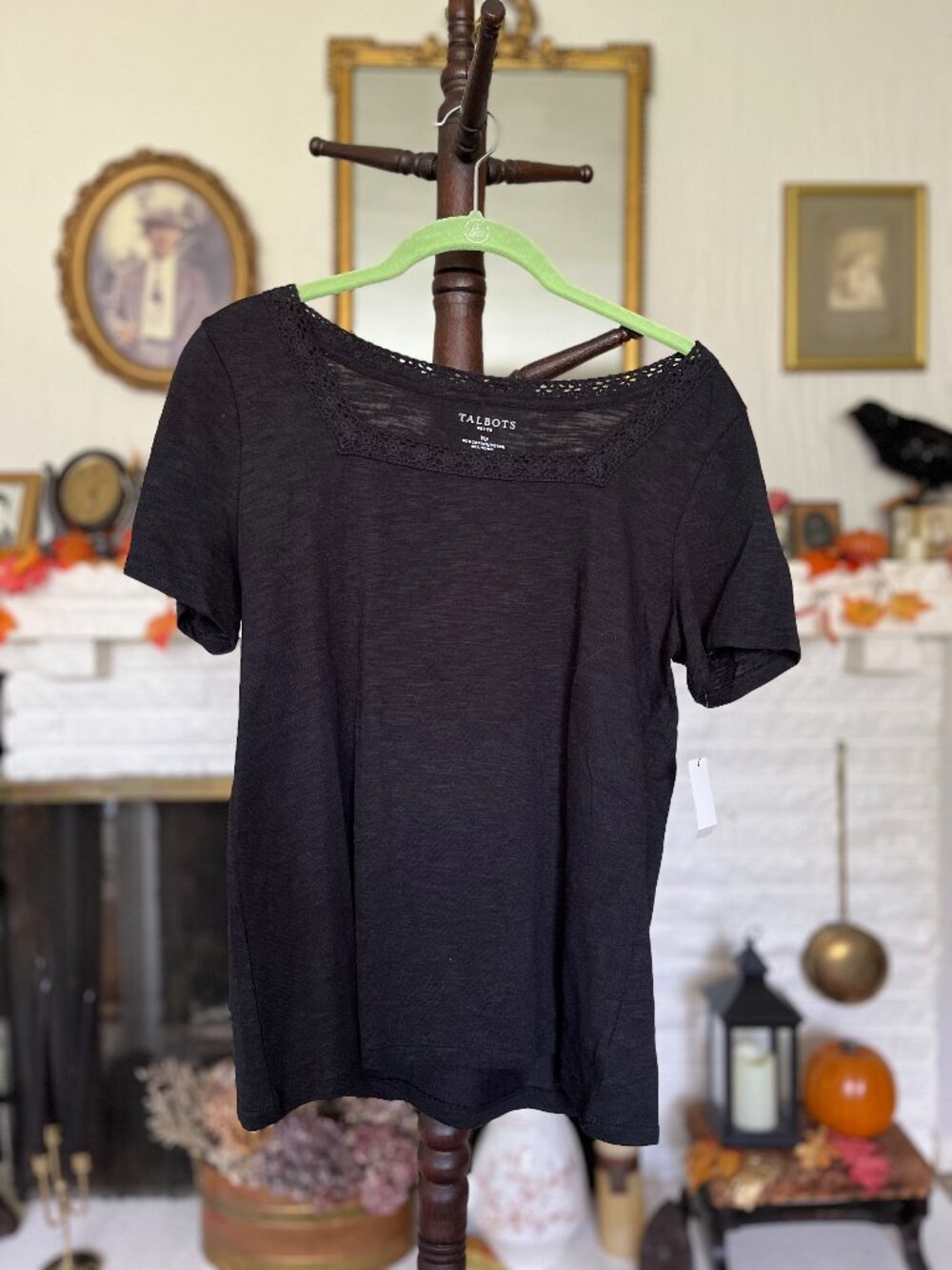 NWT Talbots MP Black Squareneck Lace Short Sleeve Top